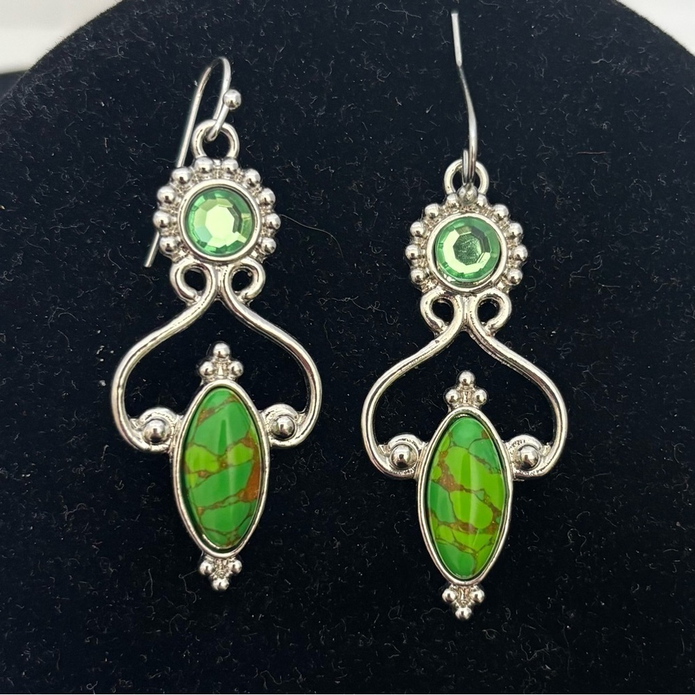 Copper Green Turquoise & Peridot Handmade 925 Sterling Silver Earring 1.75”